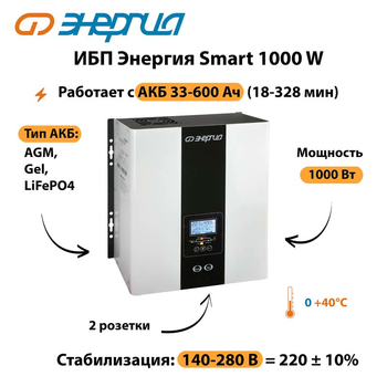 ИБП Энергия Smart 1000W - ИБП и АКБ - Энергия ИБП Smart - . Магазин оборудования для автономного и резервного электропитания Ekosolar.ru в Кашире