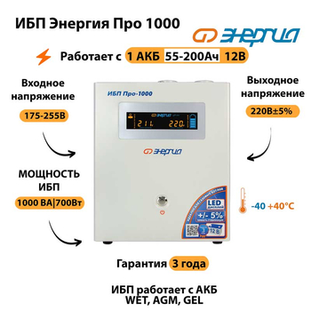 Энергия ИБП Про 1000 12В - ИБП и АКБ - ИБП для котлов - . Магазин оборудования для автономного и резервного электропитания Ekosolar.ru в Кашире